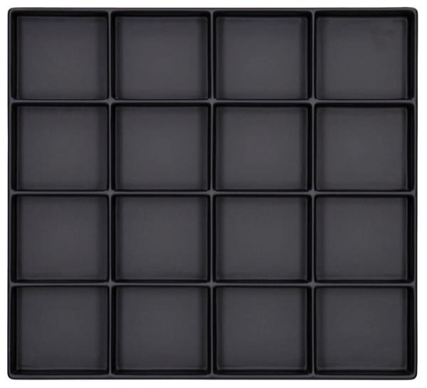 The image shows a square plate, divided into 16 equally sized, black, square compartments. The compartments are arranged in four rows and four columns.