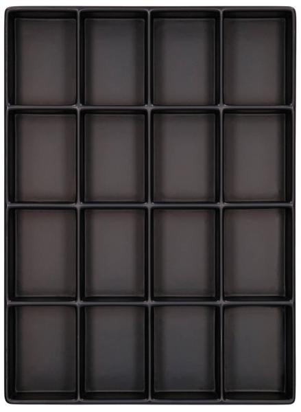 The image displays a rectangular tray with 16 individual, square compartments. It is uniformly black and has a smooth surface. The compartments are evenly arranged.