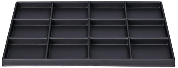 Das Bild zeigt ein schwarzes Tablett mit 15 gleichmäßigen Fächern. Es hat eine flache Form und die Fächer sind rechteckig angeordnet, ideal für die organisierte Aufbewahrung kleiner Gegenstände.