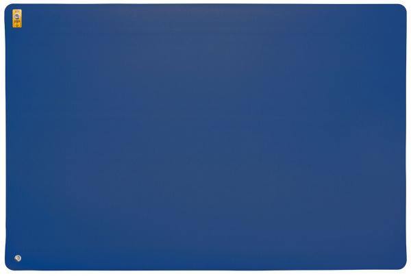 The image shows a large, solid blue mat. It has rounded corners and a smooth surface. In the upper left corner, there is a yellow logo.