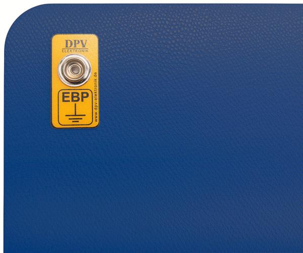 The image displays an orange inscription labeled "DPV EBP" with a round connector in the center, set against a blue, textured background. The corners are rounded.