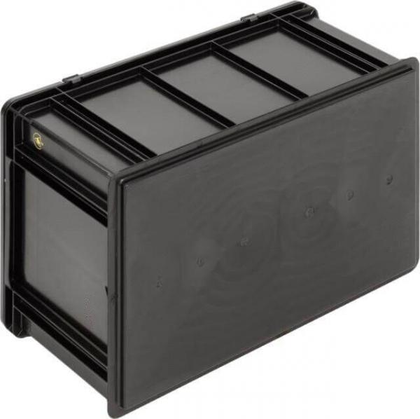 Das Bild zeigt eine rechteckige, schwarze Kunststoffbox mit einem flachen Deckel. Die Oberseite hat horizontale Rillen und der Korpus ist robust. Die Ecken sind leicht abgerundet.
