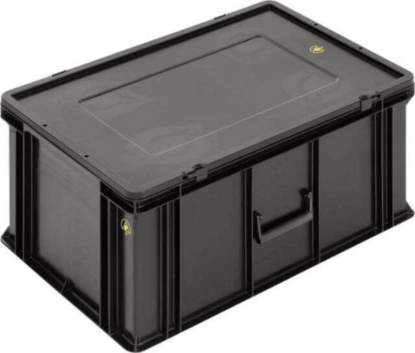Das Bild zeigt eine schwarze, rechteckige Kunststoffbox mit einem flachen Deckel und einer Handgrifföffnung an der Vorderseite. Die Box hat eine robuste Struktur und ist für Aufbewahrung gedacht.
