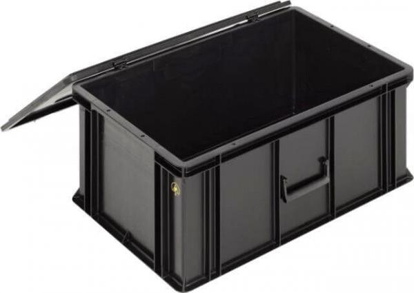 Das Bild zeigt eine schwarze Kunststoffbox mit einem abnehmbaren Deckel. Sie hat eine rechteckige Form und einen kleinen Griff an der Vorderseite. Die Oberfläche ist glatt und stabil.