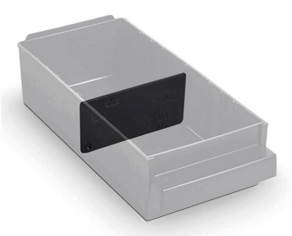 Das Bild zeigt eine rechteckige, flache Aufbewahrungsbox aus transparentem Kunststoff. In der Mitte befindet sich eine schwarze Trennwand, die die Box in zwei Fächer unterteilt.
