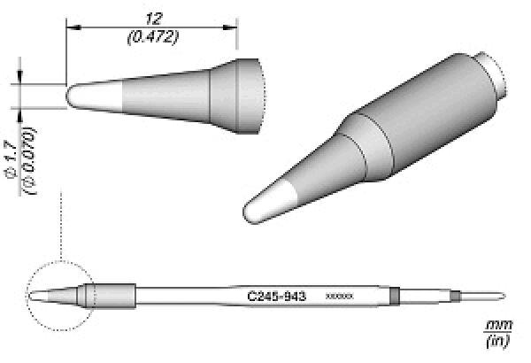 Das Bild zeigt einen technischen Stift in verschiedenen Ansichten. Der Stift hat eine konische Spitze und einen runden Körper. Auf dem Körper steht eine Modellnummer. Maße sind angegeben.