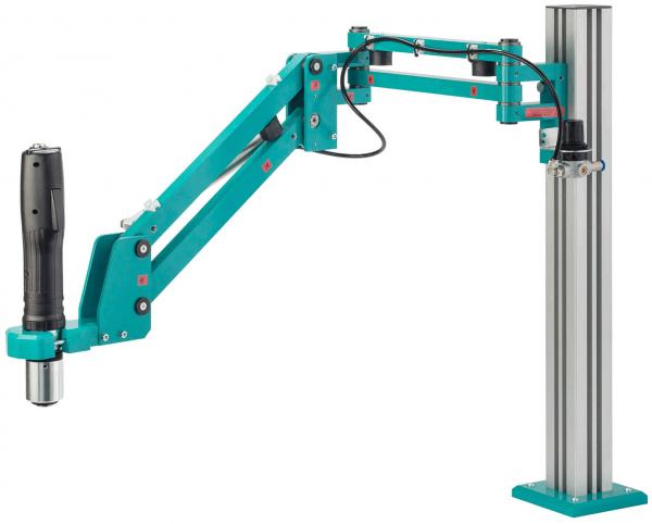 The picture shows a mechanical arm in bright blue with multiple joints. It has a gripping device and is mounted on a sturdy, gray column stand.