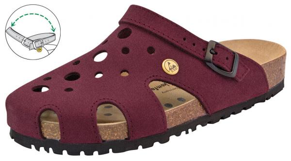 The shoe is a red-brown clog with round holes for ventilation. It features a comfortable cork sole, a strap with a buckle, and a non-slip sole. Ideal for everyday use.