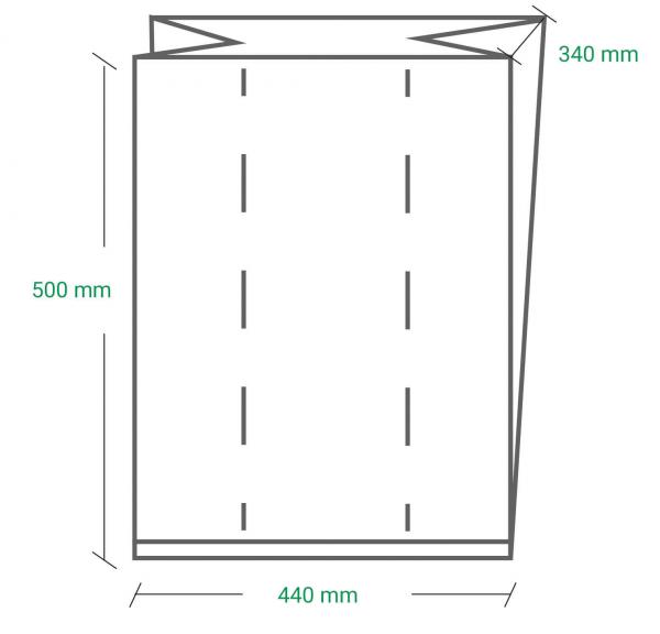 The image displays a technical drawing of a folded paper or document. The dimensions are specified: 500 mm high, 440 mm wide, and 340 mm at the top. Dashed lines indicate the folding lines.