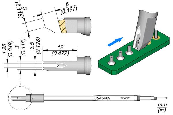 The image displays technical drawings of a component with various views and dimensions. Details such as diameter, lengths, and an assembly position on a circuit board are shown.