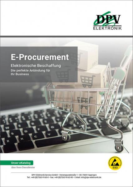 Das Bild zeigt einen Einkaufskorb mit mehreren Kartons darauf, vor einer Computertastatur. Darüber befindet sich der Titel ?E-Procurement? und der Hinweis auf elektronische Beschaffung.