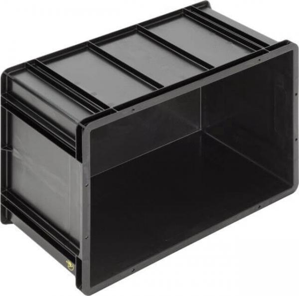 Das Bild zeigt eine rechteckige, schwarze Kunststoffbox ohne Deckel. Sie hat glatte Seiten und eine offene Oberseite, ideal zur Aufbewahrung von Gegenständen. Die Ecken sind abgerundet.