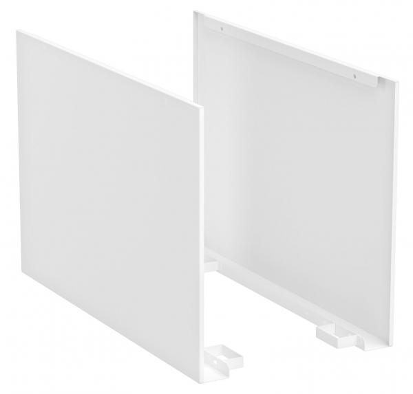The image shows two upright, square white panels that are connected on three sides. They stand parallel and have small brackets on the lower sides.