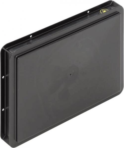 Das Bild zeigt eine flache, rechteckige, schwarze Box. Sie hat glatte Oberflächen und an den Seiten Löcher zum Befestigen. Die Form ist schlicht und funktional.