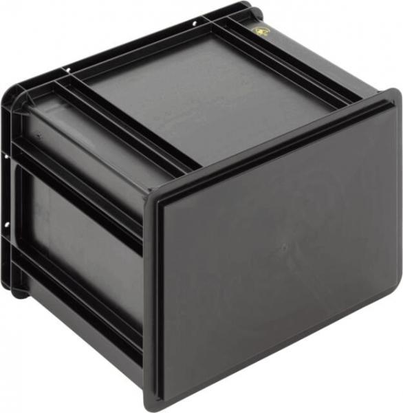 The image shows a square, black plastic box with a flat lid. It has a robust structure with grooves on the sides for stability and a minimalist, functional style.
