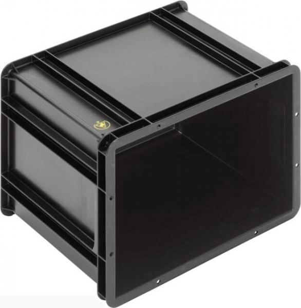 The image shows a black, rectangular plastic box without a lid. It has straight edges and a smooth surface. The interior is empty and displays the opposite sides.