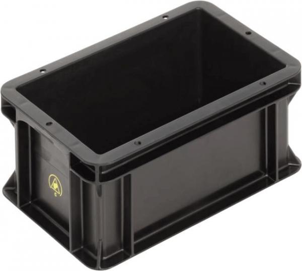 Das Bild zeigt eine rechteckige, schwarze Kunststoffbox. Sie hat gerade Kanten und eine glatte Oberfläche mit einer Öffnung oben. Die Wände sind stabil und die Box steht auf einer flachen Basis.