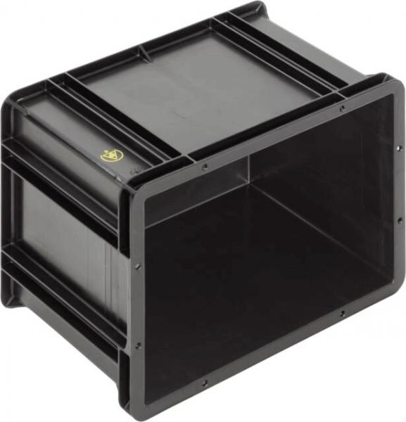 Das Bild zeigt eine schwarze, rechteckige Kunststoffbox ohne Deckel. Sie hat stabile Wände und eine offene Oberseite, geeignet zum Aufbewahren oder Transportieren von Gegenständen.