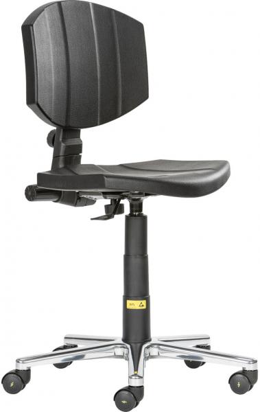 The image shows a black office chair with a simple, ergonomic design. It features a backrest, a padded seat, and rolling legs. The height is adjustable.