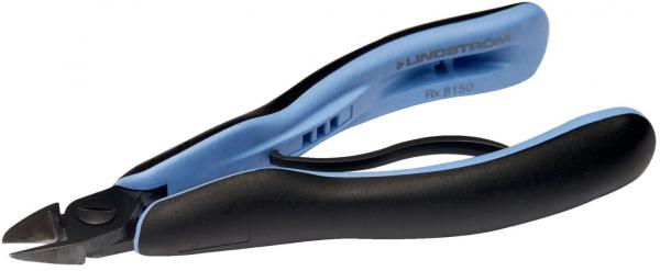 The image shows a small pair of pliers with a black rubber coating for the handle and blue accents. The blades are narrow and sharp, suitable for cutting wire or fine materials.
