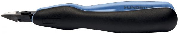 The image shows a black-blue pliers with an ergonomic handle. The handle contour is rounded, and the plier jaws are pointed and narrow. It appears handy and functional.