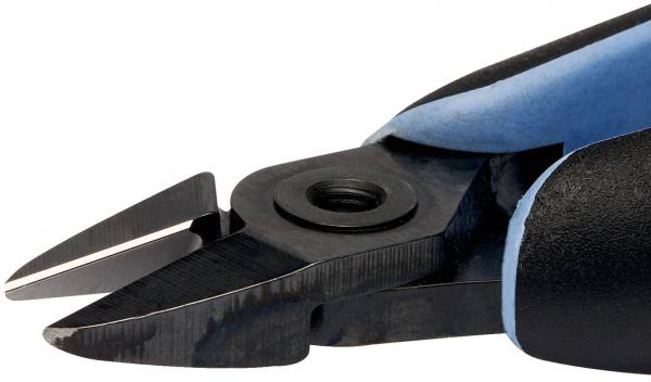 The image shows a wire cutter pliers. It has black handles with blue accents. The cutting tips are narrow and sharp, ideal for precise cuts.