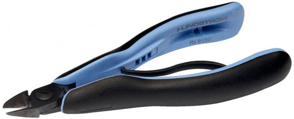 The image displays a side cutter with blue and black handles. The cutting edges are sharp and shaped, ideal for cutting wire or small objects.