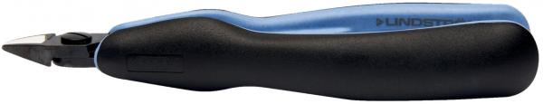 Das Bild zeigt einen schwarzen Cutter mit einem blauen Griff. Die Klinge ist schmal und spitz, geeignet zum Schneiden von Materialien. Der Griff ist ergonomisch geformt für besseren Halt.