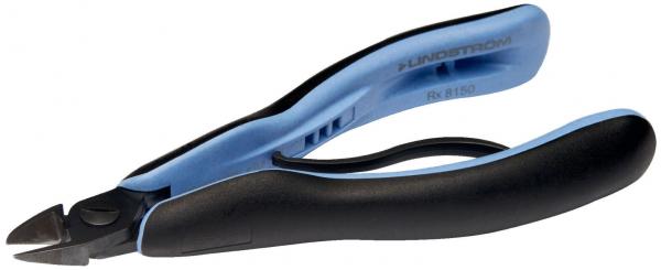 The image shows a cable cutter pliers with a black grip area and blue accents. The cutting surfaces are sharp and precise, suitable for fine work.