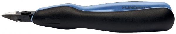 The image shows a diagonal cutting pliers with an ergonomic handle. The handle is primarily black with blue accents. The cutting edge is pointed and angled, ideal for cutting wires.