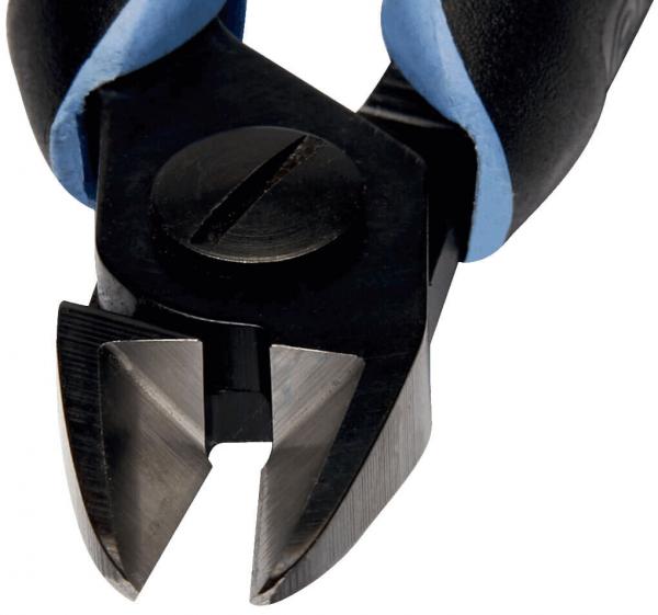 The image shows a pair of pliers with curved, rubberized handles. The cutting edge is sharp and has a V-shape, suitable for cutting wires.