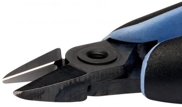 The image shows a pair of pliers with black, ergonomic handles and blue accents. The cutting edges are sharp and pointed. The head is slightly tilted forward, ideal for cutting wires.