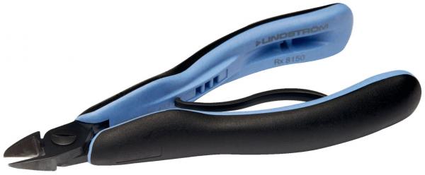 The image shows a special pair of pliers with sharp blades. The handle is ergonomically designed and features a combination of black and blue plastic. It is used for cutting.