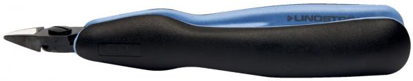The image shows a cutter with a black handle and a blue, curved plastic casing. The blade is sharp and made of metal, ideal for cutting material.
