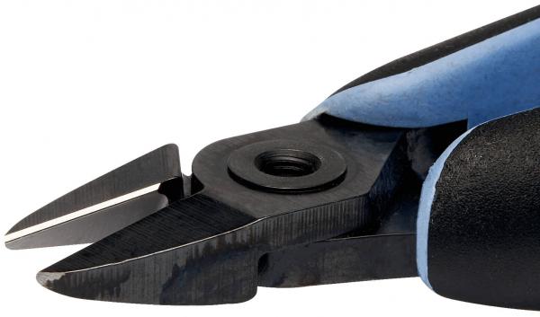 The image displays a side-cut view of pliers with pointed, sharp blades. The handle is black and partially blue, the blades are made of metallic material and are very precisely shaped.
