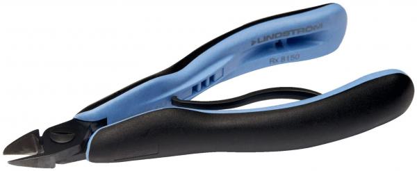 The image shows a pair of pliers with black and blue handles. The pliers have a sharp, straight cutting edge and are intended for delicate tasks, such as cutting wires or small parts.