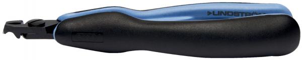 The image shows a tool with an ergonomic handle. The handle is black with blue accents. At one end, there is a serrated edge that is well-suited for cutting.
