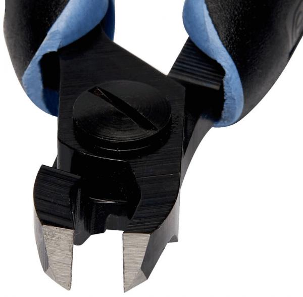 The image shows a pair of pliers with a gray handle and a black head. The blades are sharp and slightly curved, designed for cutting or pinching something. A screw head is visible.