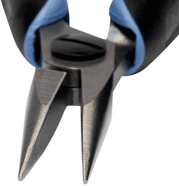 The image shows a pair of pliers with two sharp, pointed blades that meet at a pivot point. The handle has a matte and a rubberized surface for better grip.