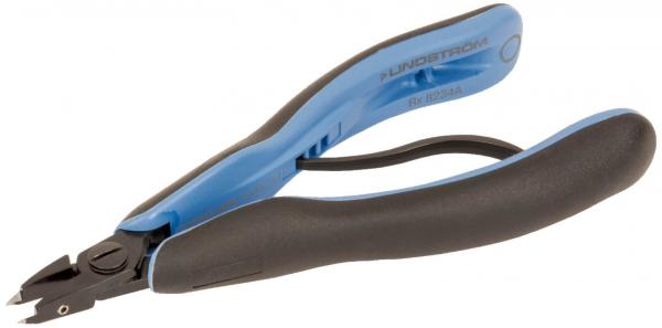 The image shows a flat-pressed pair of pliers with blue and black handles. The cutting edges are narrow and sharp, ideal for cutting thin materials.