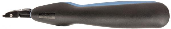 The image shows a black pen with a blue accent at the top. The pen has an ergonomic shape that fits well in the hand. The tip appears fine and precise.