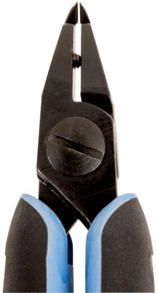 The image shows a black pair of pliers with pointed, sharp blades. The handles are blue and ergonomically shaped to provide a better grip. The pliers have a screw in the middle for adjustment.