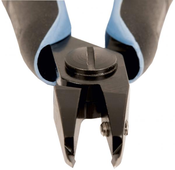The image shows a pair of pliers with two plastic handles that are blue and black. The cutting head is narrow and has a sharp point, with a small screw in the center.