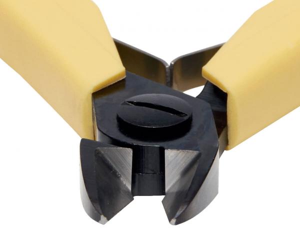 The image shows a pair of pliers with yellow handles. The blades are made of shiny metal and have a sharp, serrated edge. They are suitable for cutting wire or similar materials.