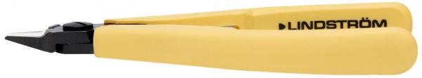 The image shows a yellow pliers with a narrow, pointed cutting edge. It is made of metal and has a non-slip grip. The pliers are marked with the inscription "LINDSTRÖM".