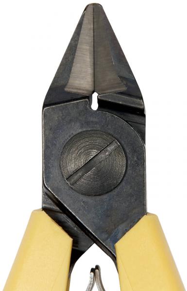 The image shows a pair of pliers with pointed, angled cutting edges. The body is made of shiny metal, the handles are yellow and ergonomically shaped. A small circle with a groove is in the center.