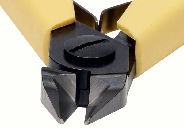 The image shows a pair of pliers with yellow plastic handles. At the tip, there are two cutting jaws that taper to a point and have a circular turning knob in the middle.