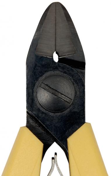 The image shows a pair of pliers with a pointed, sharp cutting surface. The handles are yellow and the head is made of black metal. In the center, there is a circular area with a notch.