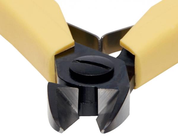 The image shows a section of pliers with yellow handles and a black cutting edge. The blades are sharp and taper to a point, suitable for cutting wire or small objects.