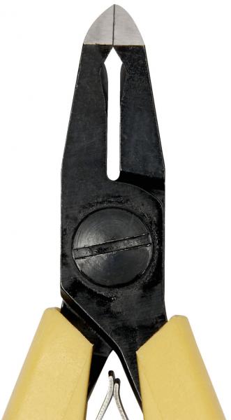 The image shows a pair of pliers with pointed, narrow tips. The handle is yellow and the pliers have a black, smooth surface. The cutting edge is sharp and straight.